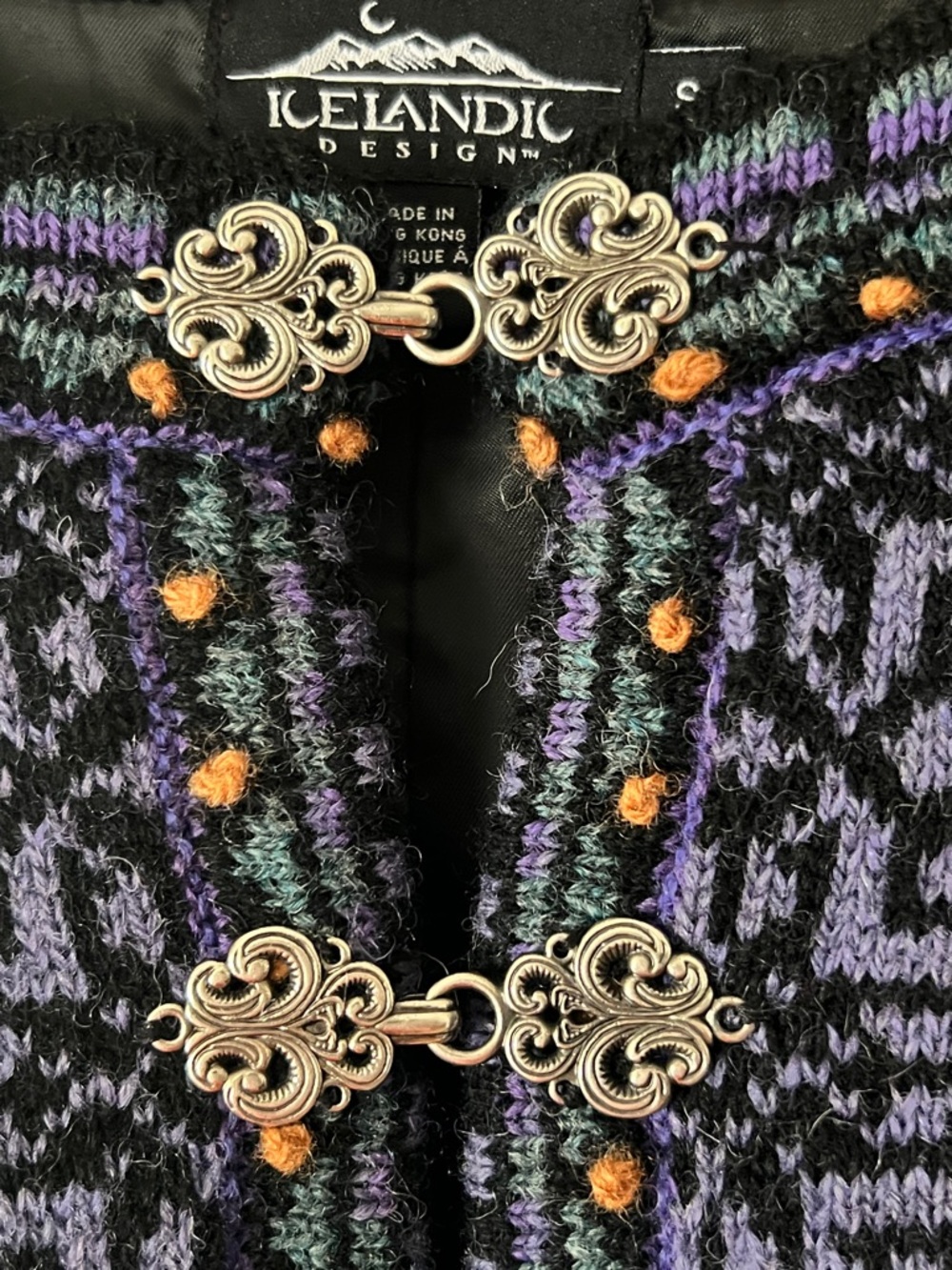 Women’s Icelandic Navy and Purple Patterned Wool Cardigan Sweater Size Small - Picture 2 of 15